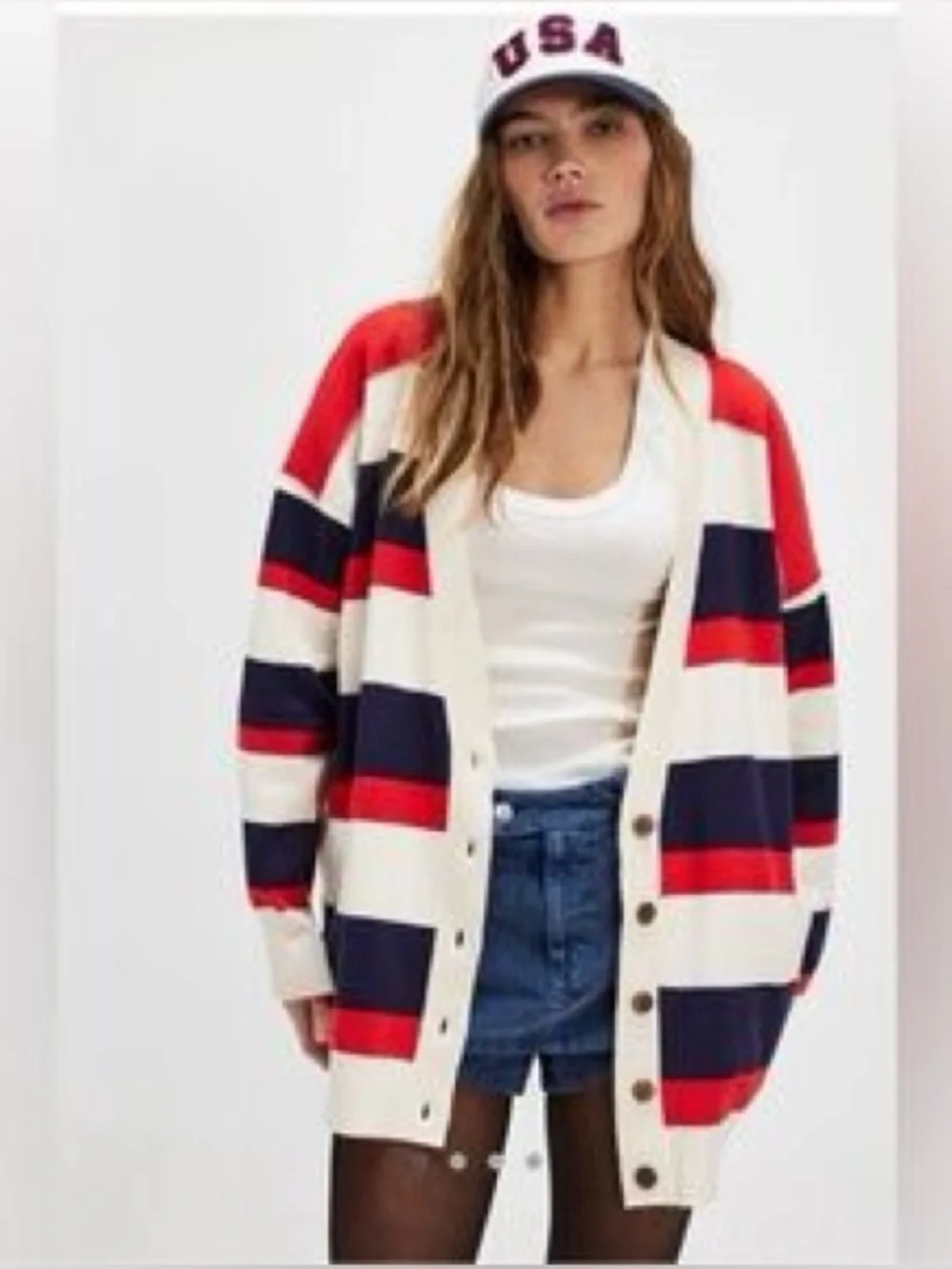 Free People League of Her Own Cardigan in the Americana Combo colorway